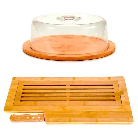 Imagem de Kit Tábua para cortar pães migalheira de bambu com faca boleira tampa acrílico bolo torta mesa posta