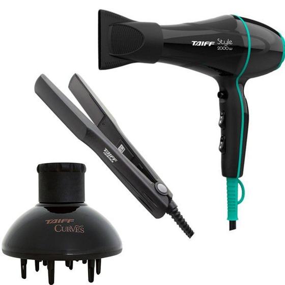 Imagem de KIT TAIFF - SECADOR DE CABELO STYLE PRETO 2000W 220V + PRANCHA CERAMIC 180ºC + DIFUSOR DE AR CURVES