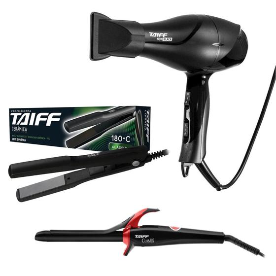 KIT TAIFF SECADOR NEW BLACK 1900W - 220V + MODELADOR CURVES 3/4 210ºC 19MM + CHAPINHA CERAMICA 180ºC Menor preço em KIT TAIFF SECADOR NEW BLACK 1900W - 220V + MODELADOR CURVES 3/4 210ºC 19MM + CHAPINHA CERAMICA 180ºC