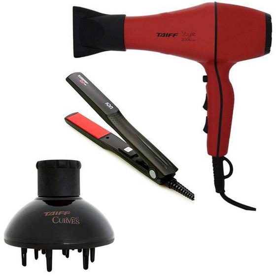 Imagem de KIT TAIFF - SECADOR PROFISSIONAL STYLE RED 2000W 220V + PRANCHA RED ION 200ºC + DIFUSOR DE AR CURVES