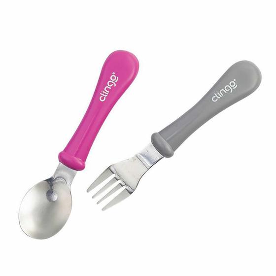 Imagem de Kit Talher Colher e Garfo Infantil Metal Rosa Clingo