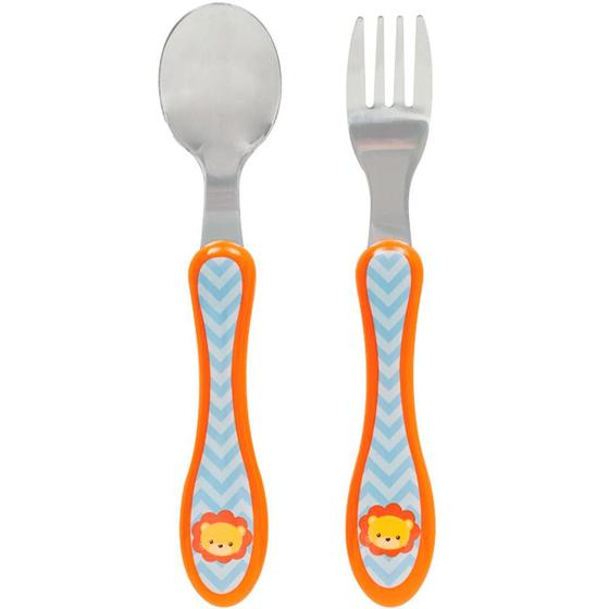 Imagem de kit talher colher e garfo sem ponta em aço inoxidável para bebês introdução alimentar  Leãozinho Buba