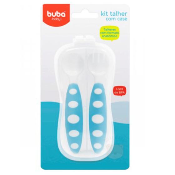 Imagem de Kit Talher Com Case Formato Anatômico Azul Branco Buba Baby