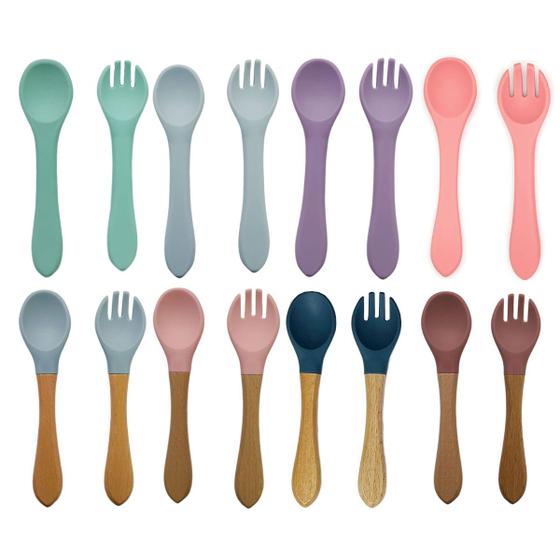 Imagem de Kit Talher em Silicone Colher Garfo Introdução Alimentar Refeição para Bebê acima de 6 meses