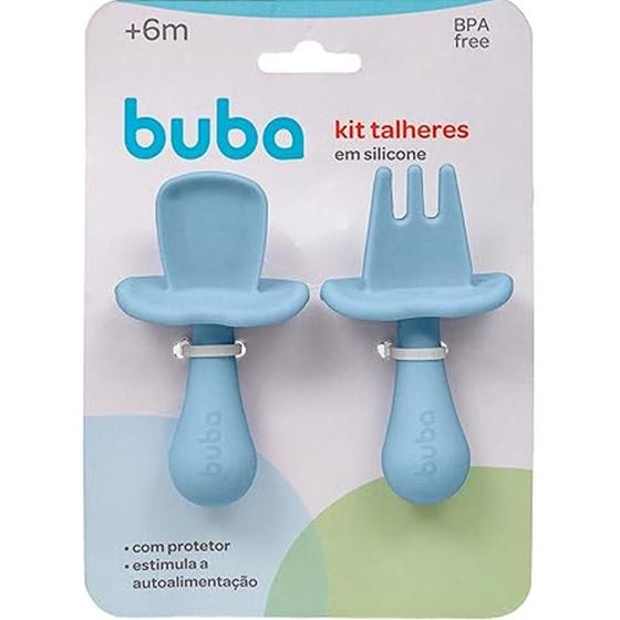 Imagem de Kit Talher Infantil de Silicone Azul Garfo e Colher Buba