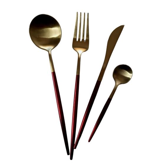 Imagem de kit talheres 4 peças inox slim gold alta qualidade garfo faca colher de sopa e café