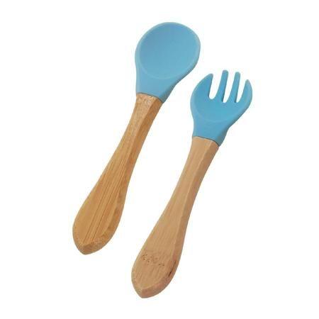 Imagem de Kit Talheres Infantis De Silicone BPA Free Com Cabo de Bambu Azul MImo Style