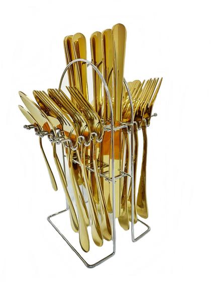 Kit Talheres Inox Dourados 24 Peças Gold Inglaterra + Suporte Menor preço em Kit Talheres Inox Dourados 24 Peças Gold Inglaterra + Suporte