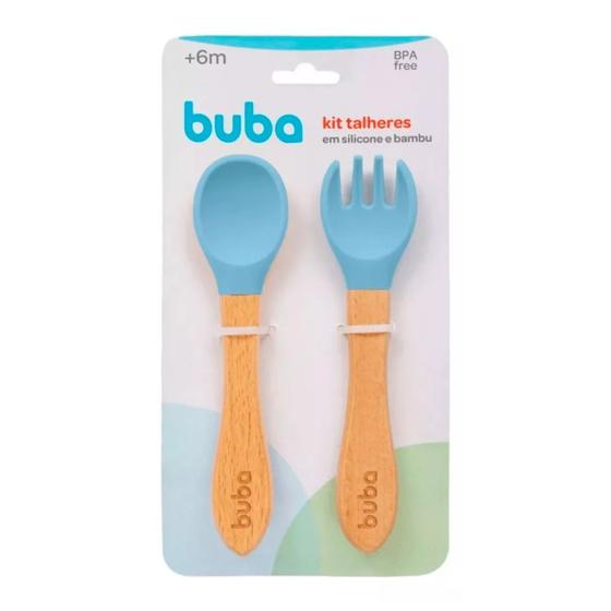 Imagem de Kit Talheres Silicone E Bambu 2 Unidades Azul Buba