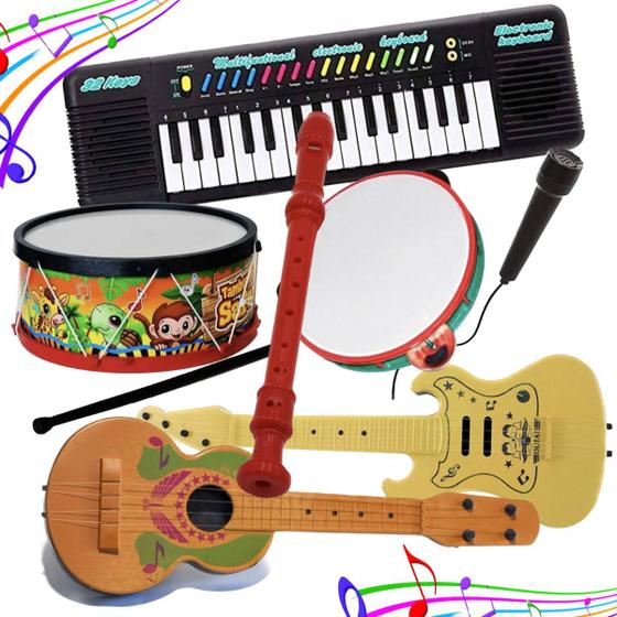 Imagem de Kit Tambor Piano Teclado Infantil 7 Brinquedos Microfone