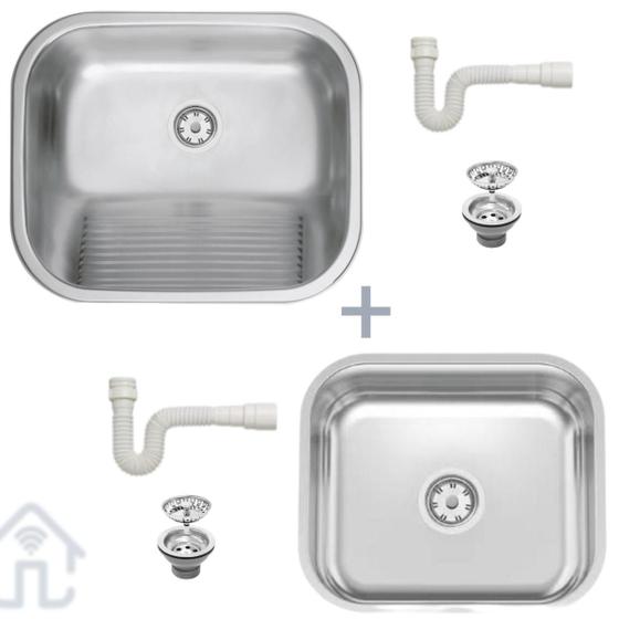 Imagem de Kit Tanque Inox Tramontina 50x40 Fosco + Cuba Inox 40x34x14 Fosca C/Válvula e Sifão