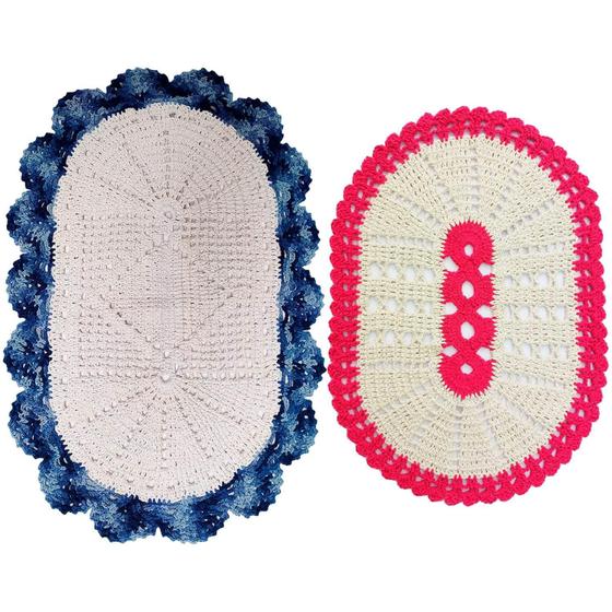 Imagem de Kit Tapete Banheiro Crochê Branco e Rosa 57Cm E 75Cm ul