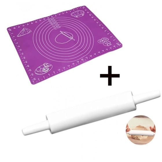 Imagem de Kit Tapete Culinario em Silicone Lilas + Rolo para Massa 37 Cm  Wellmix 