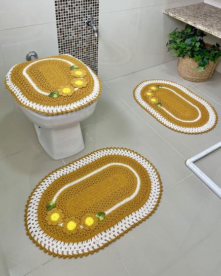Imagem de Kit Tapete De Banheiro Ipê Bordado 3 Peças Crochê Artesanal