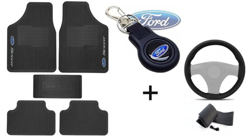 Imagem de Kit Tapete de Borracha + Capa de Volante + Chaveiro para Ford Fiesta 2014 Até 2023