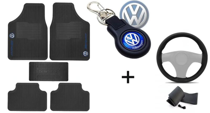 Imagem de Kit Tapete de Borracha + Capa de Volante + Chaveiro para Volkswagen Saveiro 2017 Até 2023