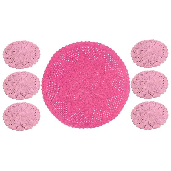 Imagem de Kit Tapete De Croche Barbante Redondo 71Cm Com Jogo 6 Sousplat Feito A Mão Artesanato De Mesa Casa Elegante