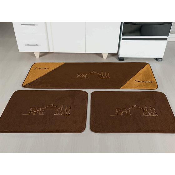 Imagem de Kit Tapete de Pelúcia Cozinha 3 Peças Gourmet 1.35m x 48cm Emborrachado