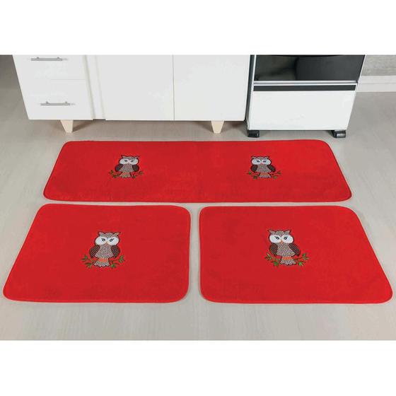 Kit Tapetes de Cozinha Bordado Antiderrapante Coruja 3 Peças - Vermelho Menor preço em Kit Tapetes de Cozinha Bordado Antiderrapante Coruja 3 Peças - Vermelho