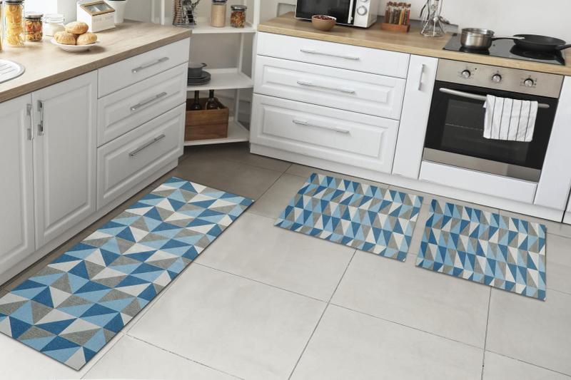Imagem de Kit Tapetes e Passadeira De Cozinha 3 Peças Antiderrapante Ladrilhos Azul