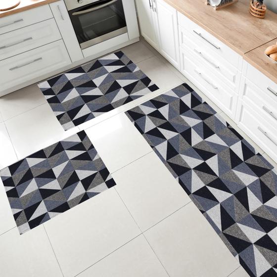 Imagem de kit tapetes e passadeira de cozinha 3 peças antiderrapante ladrilhos geométrico - Iv Enxovais
