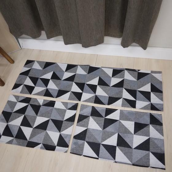 Imagem de Kit tapetes para cozinha geométrico preto  emborrachado 3 peças
