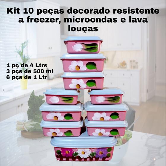 Imagem de Kit Tapoer 10 peças decorado resistente a freezer microondas e lava louças