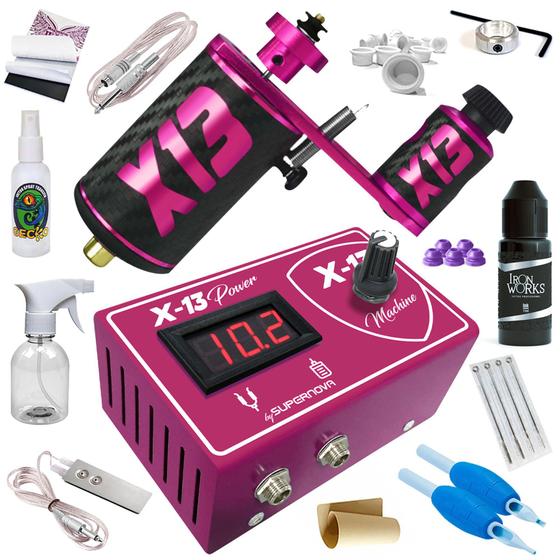 Imagem de Kit Tatuagem com Máquina Rotativa X13 Penélope Rosa  e Fonte X-13 by Supernova 3 Amperes