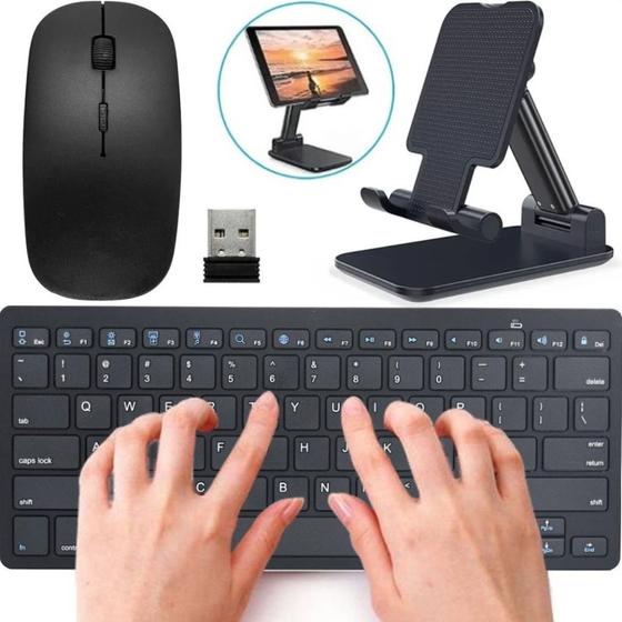 Kit Teclado Bluetooth Mouse Sem Fio Celular Tablet + Suporte Mesa Texto Digitação Estudos Menor preço em Kit Teclado Bluetooth Mouse Sem Fio Celular Tablet + Suporte Mesa Texto Digitação Estudos
