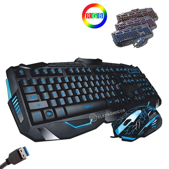 Imagem de Kit Teclado E Mouse Gamer Com Fio USB Led Colorido  Óptico 1600DPI Preto V100