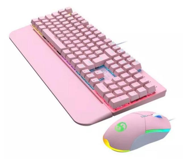 Imagem de Kit Teclado E Mouse Mecânico Gamer Abnt2 Led Rgb Switch Blue Usb Cor Rosa