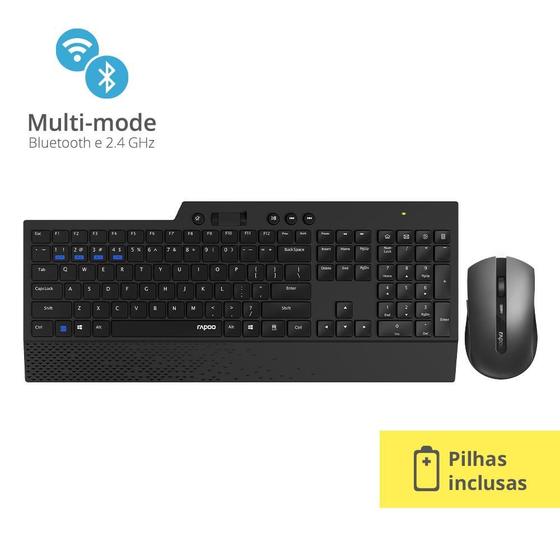 Imagem de Kit Teclado e Mouse Rapoo Sem Fio BT+2.4Ghz Black 5 Anos de Garantia Pilha Inclusa 8200T - RA005X Reembalado