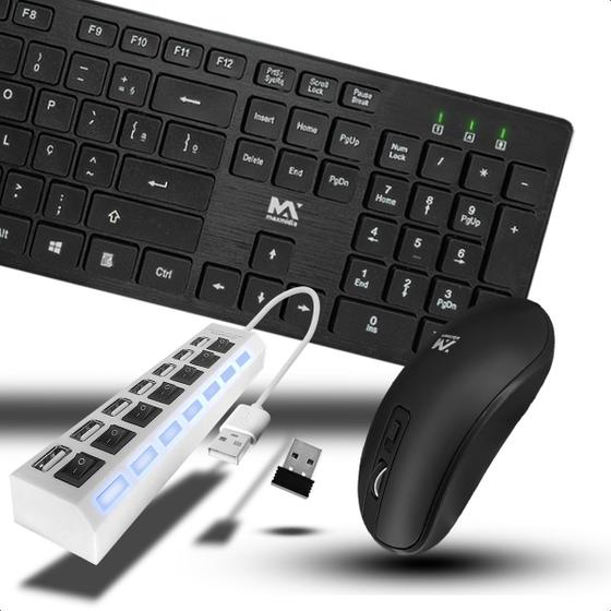 Imagem de Kit Teclado E Mouse Sem Fio Ergonômico Com Hub Extensor Usb 7 Portas Computador Notebook
