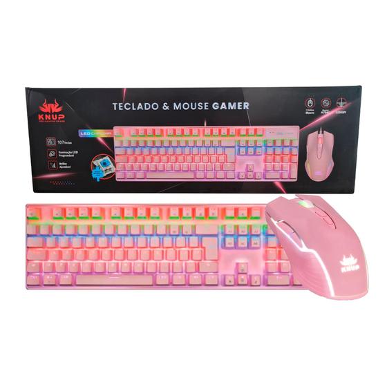 Imagem de Kit Teclado Mecânico + Mouse Gamer Com Led Rosa Knup branco com rosa