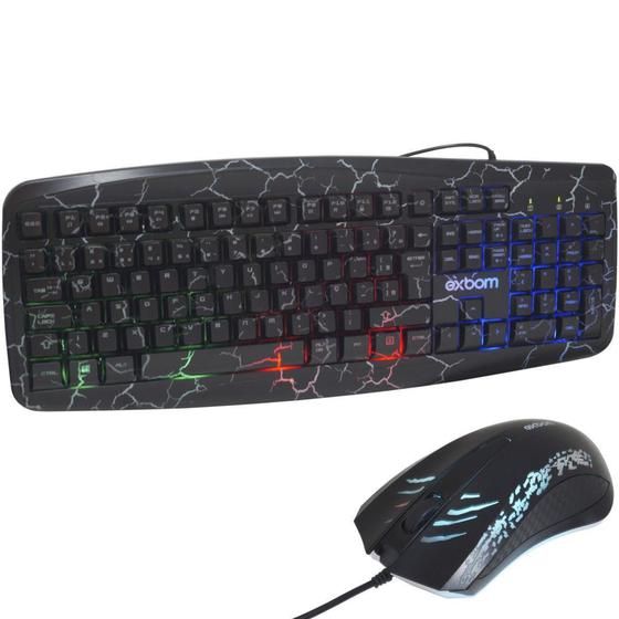 Imagem de Kit Teclado Mouse Gamer Computador Pc Usb Abnt2 Iluminado Led Rgb Exbom BK-G600 Preto Crakeado