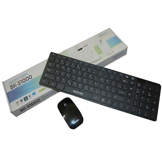 Imagem de Kit Teclado + Mouse Wireless Sem Fio 2.4Ghz 1600 Dpi Exbom BK-S1000 Preto