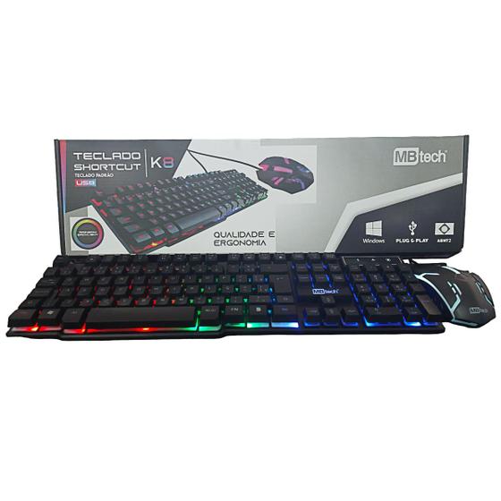 Imagem de Kit Teclado Multimídia e Mouse Gamer RGB Rainbow K8 com Fio - MB Tech
