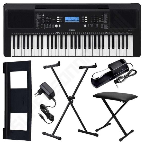 Imagem de Kit Teclado Musical Arranjador Yamaha PSR E373 61 Teclas + Suporte X + Banqueta X + Pedal Sustain + Suporte de Partitura