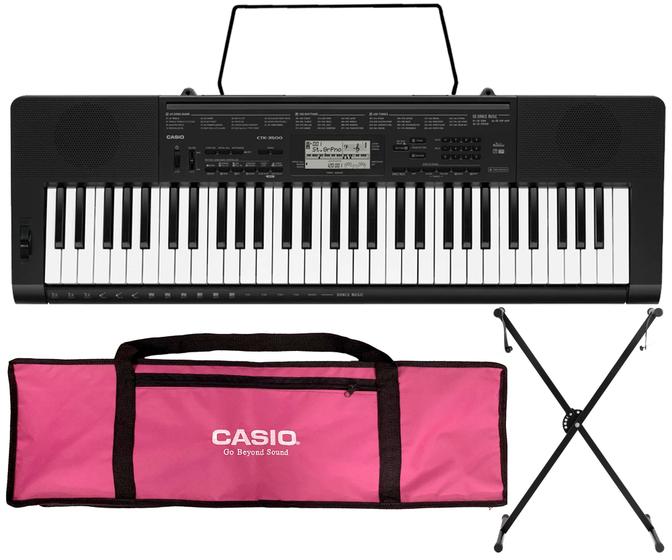 Imagem de Kit Teclado Musical Casio CTK3500 5/8 61 Teclas Sensíves Com Suporte e Capa Rosa