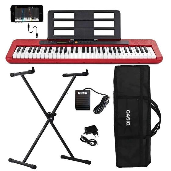 Imagem de Kit Teclado Musical CASIOTONE CT-S200 CASIO Vermelho + Suporte + Pedal + Capa