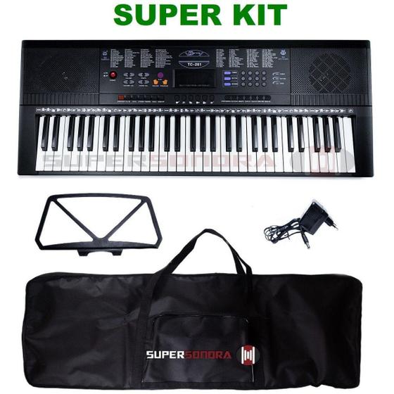 Imagem de Kit Teclado Musical Estudante Spring Tc 261 61 Teclas + Capa + Fonte + Suporte Partituras