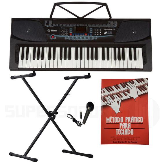 Imagem de Kit Teclado Musical UK540 Waldman 54 Teclas + Microfone + Suporte em X + Livro Infantil + Suporte Partitura + Fonte