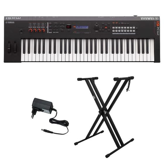 Imagem de Kit Teclado Sintetizador 61 Teclas MX 61V2 com Fonte Preto Yamaha e Suporte em X