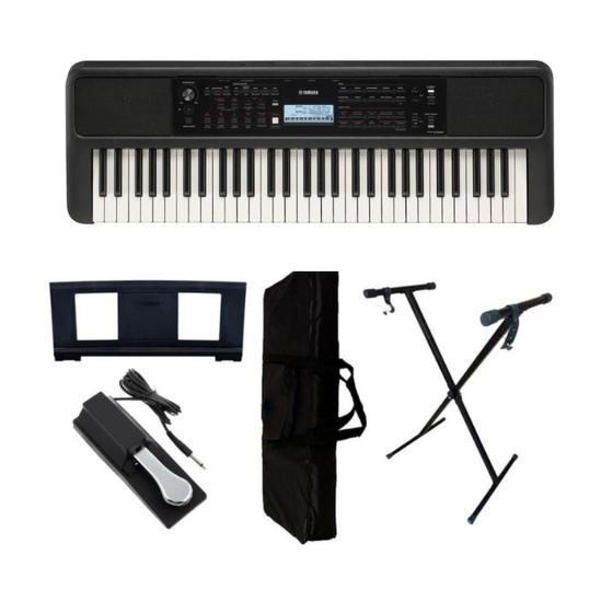 Imagem de Kit Teclado Yamaha PSR E383 + Capa + Pedal + Suporte X