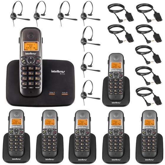 Imagem de Kit Telefone Fixo Sem Fio Com Bina 2 Linhas 6 Ramal Headset
