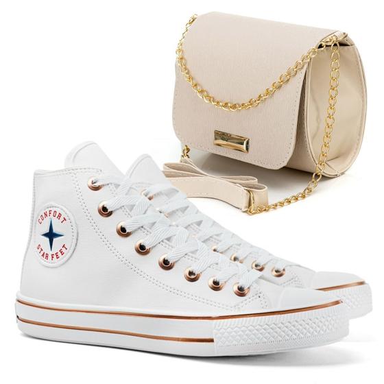 Imagem de Kit Tênis All Feminino Star Feet Cano Alto Casual + Bolsa Transversal