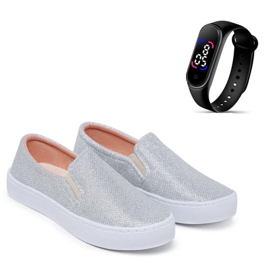 Imagem de Kit Tênis Casual Feminino Macio Legítimo Slip On com Glitter + Relógio Touch Digital