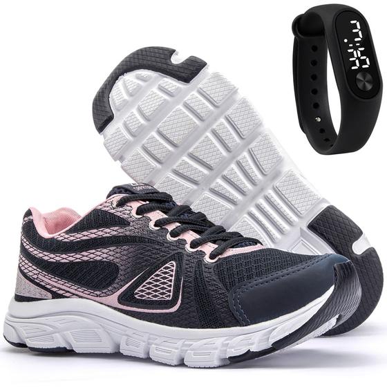 Imagem de Kit Tênis de Caminhada e Academia Feminino e Relógio LED Sapatore Azul e Rosa