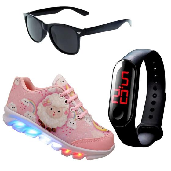 Imagem de Kit Tênis De Led Infantil Menina Feminino Ovelhinha + Relógio + Óculos