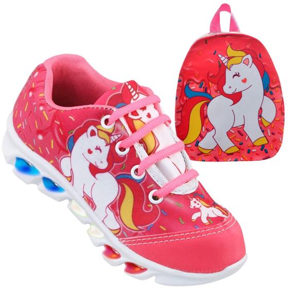 Imagem de Kit Tênis De Led Infantil Menina Feminino Unicórnio + Mochila